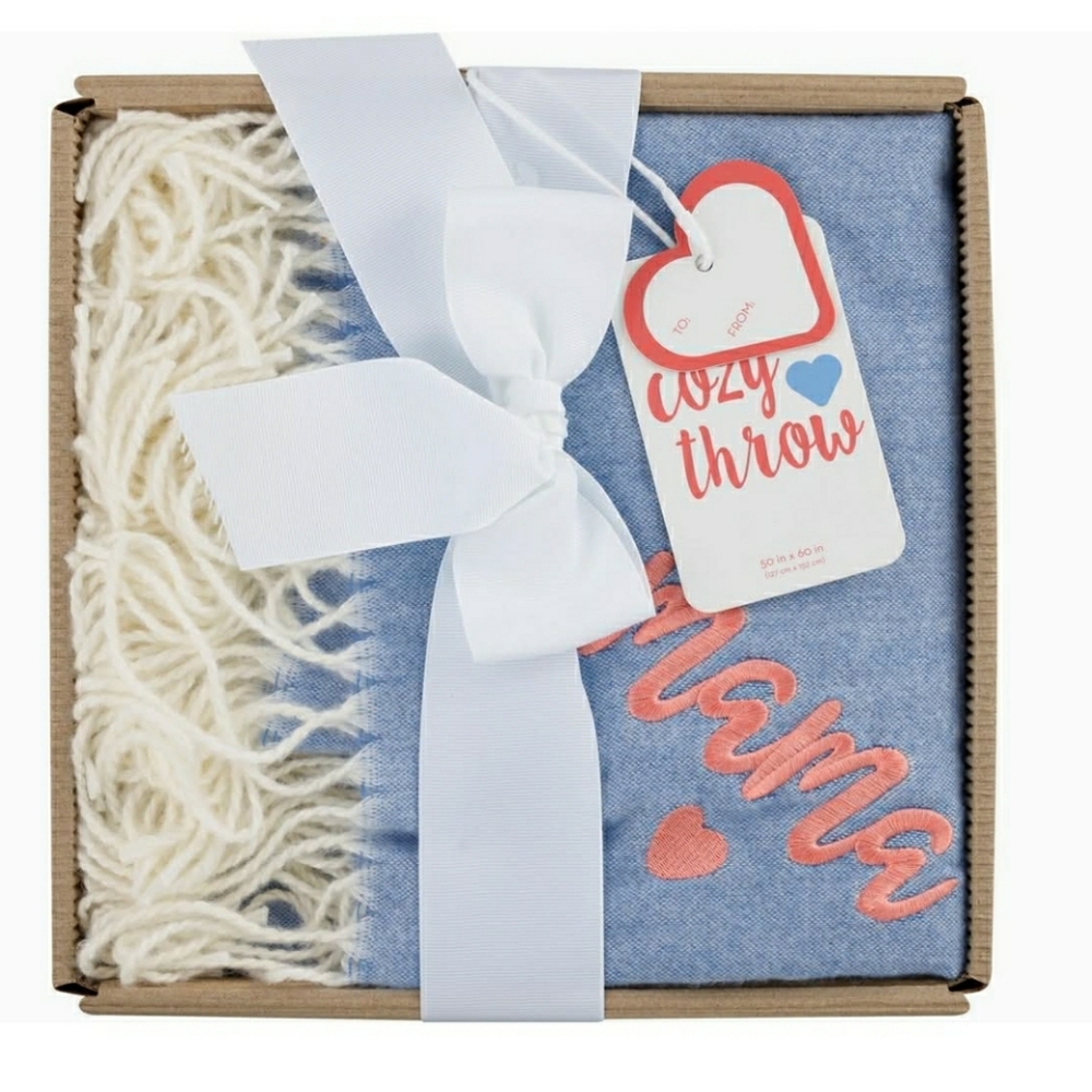 Mama Throw Blanket With Cream Fringe, 50x60 in, Blue